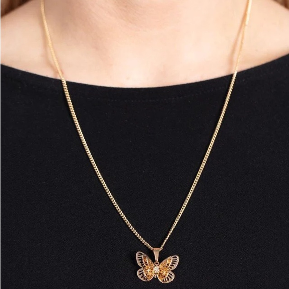 NEW Boutique Gold 3D Butterfly Iridescent Diamond Rhinestone Necklace & Earrings